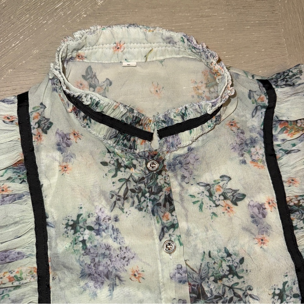 Mint floral Puff Sleeve Ruffled Blouse with Black accents pastel goth mock neck - Picture 8 of 11